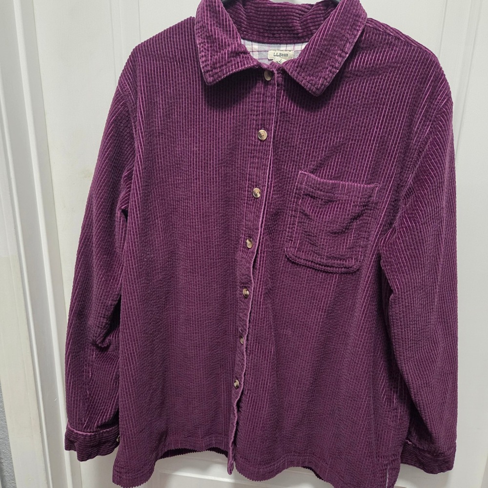 LL Bean Womens Large Plum Purple Lined wide-wale Corduroy Shacket Button Top